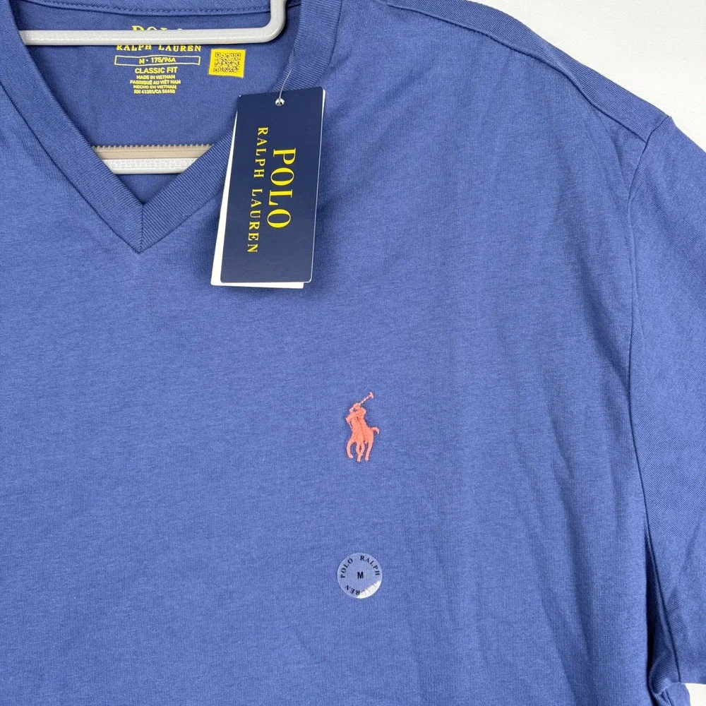 Polo Ralph Lauren V-Neck T-Shirt Medium Blue Classic Fit Orange Pony Cotton Tee